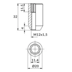 Nakrętka mocująca M12x1,5 wąska Torx (fi: 20mm), 32mm, stożek, klucz 17/19 TUV