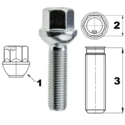 Śruba mocująca M12x1,5, gwint 40mm, kula, klucz 17, 10 szt