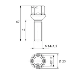 Śruba mocująca M14x1,5, gwint 45mm, kula, klucz 17, czarna