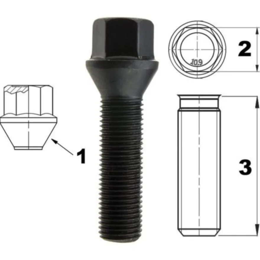 Śruba mocująca M14x1,5, gwint 45mm, stożek, klucz 17 czarna