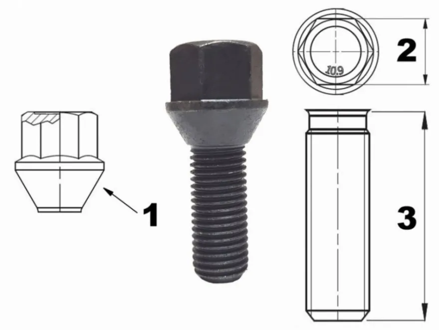 Śruba mocująca M12x1,5, gwint 28mm, stożek, klucz 17, czarna