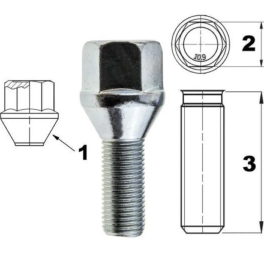 Śruba mocująca M12x1,25, gwint 26mm, stożek, klucz 19