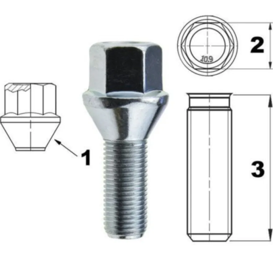 Śruba mocująca M12x1,5, gwint 24mm, stożek, klucz 17