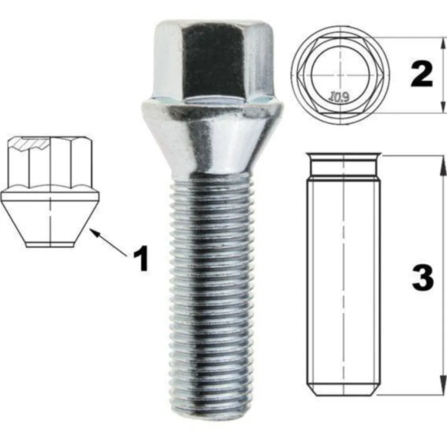 Śruba mocująca M14x1,5, gwint 45mm, stożek, klucz 17