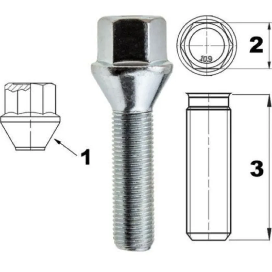 Śruba mocująca M12x1,5, gwint 40mm, stożek, klucz 17