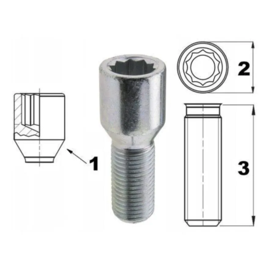 Śruba mocująca M14x1,5, wąska (fi 20), gwint 28mm, stożek 17/19 Torx